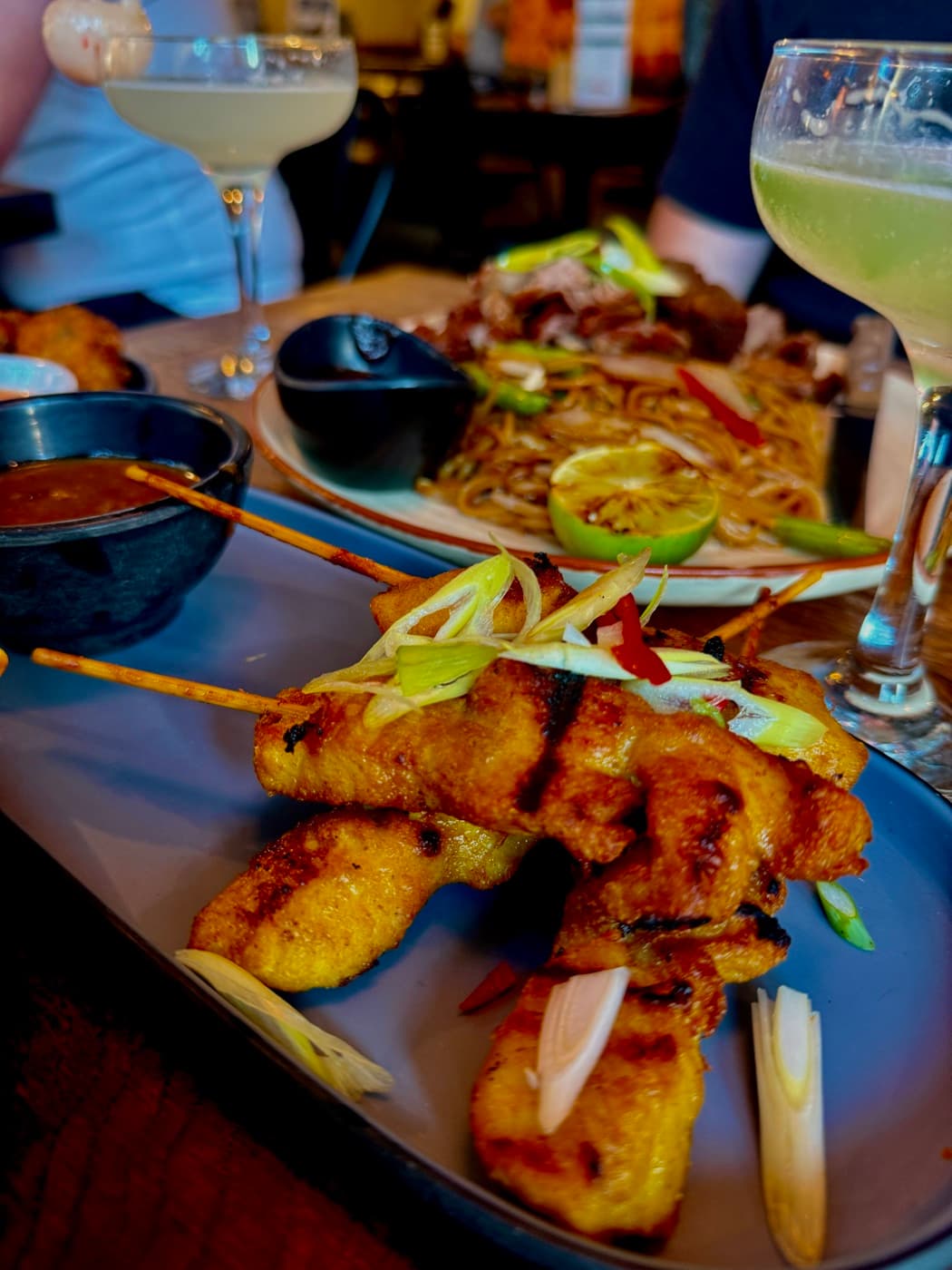 Satay chicken skewers with peanut sauce at Banana Tree Oxford