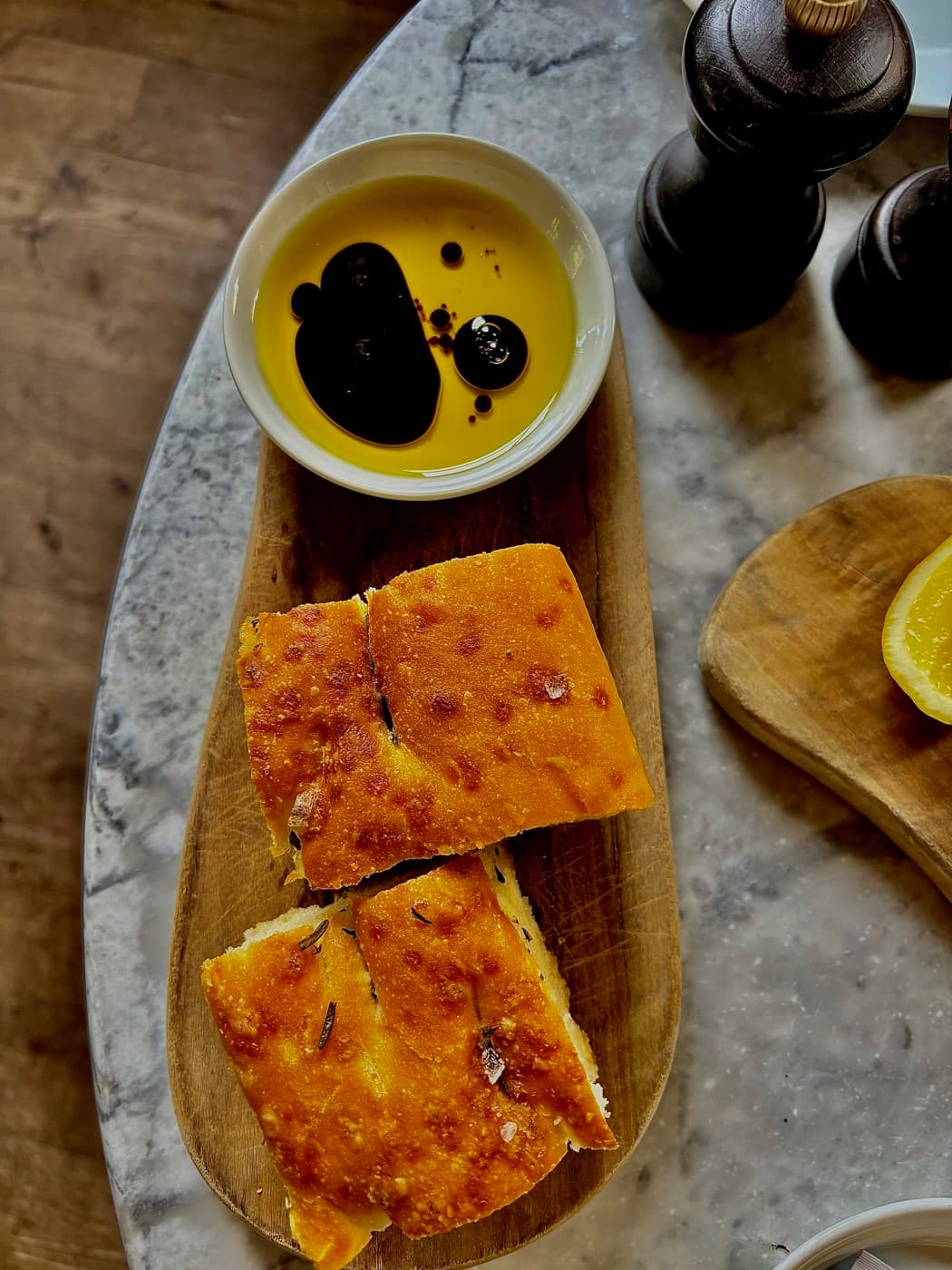 Focaccia with olive oil and balsamic at Branca