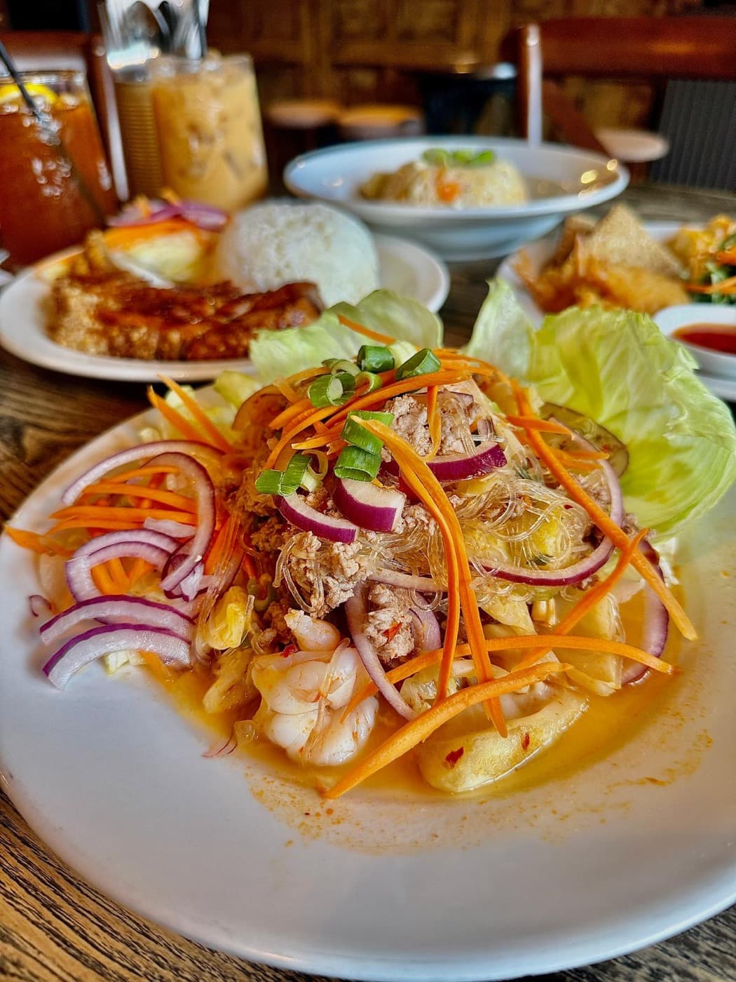 Glass noodle salad at The Old Tom Oxford, with minced pork, prawns, red onion and shredded carrot on iceberg lettuce