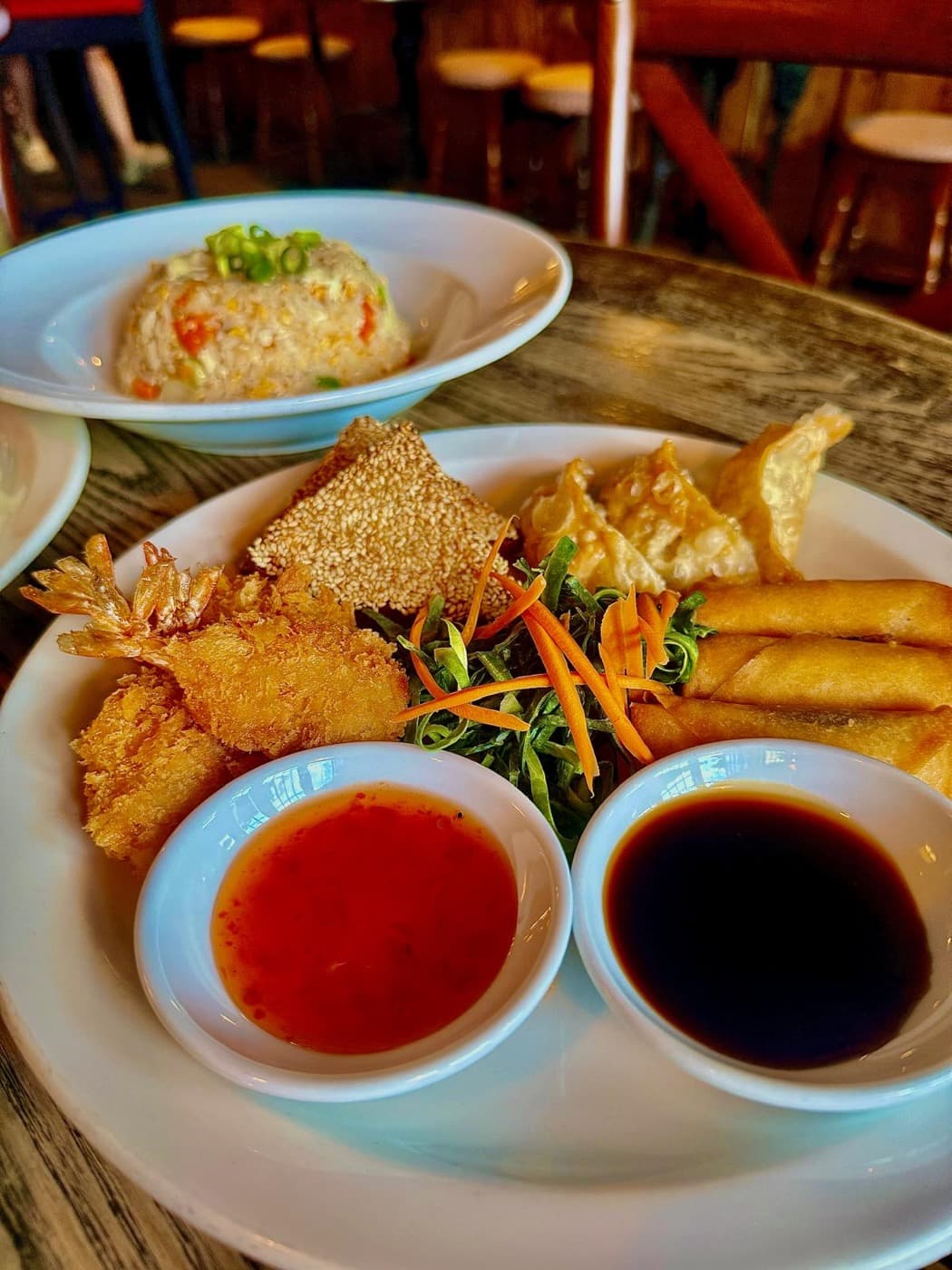 The Thai platter at The Old Tom Oxford: prawn toast, butterfly tempura prawns, fried veg gyoza and spring rolls with sweet chilli sauce and homemade sweet soy