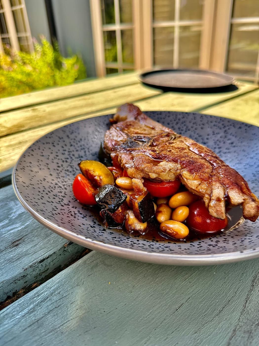 Lamb Barnsley chop at The Prince of Wales Iffley with roasted courgettes, tomatoes and butterbeans in a rosemary balsamic sauce
