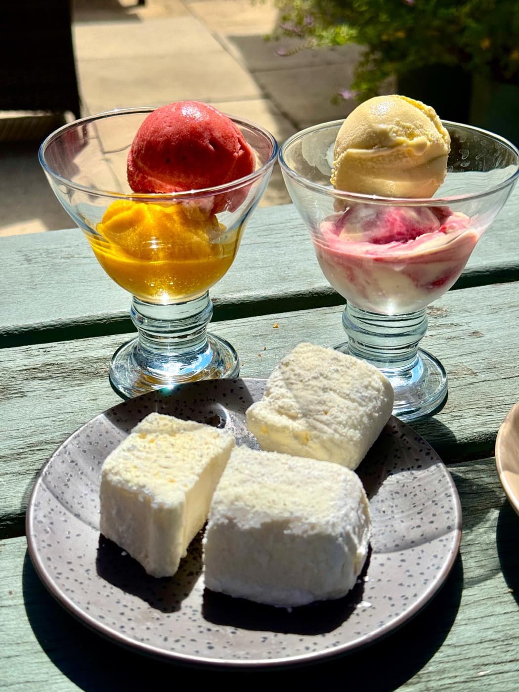 Dessert at The Prince of Wales Iffley: homemade pineapple marshmallows with glasses of homemade ice cream and sorbet