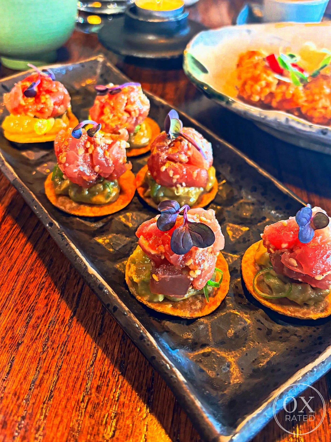 Tuna Tartare Bites on crisp flatbread at Sticks'n'Sushi Oxford