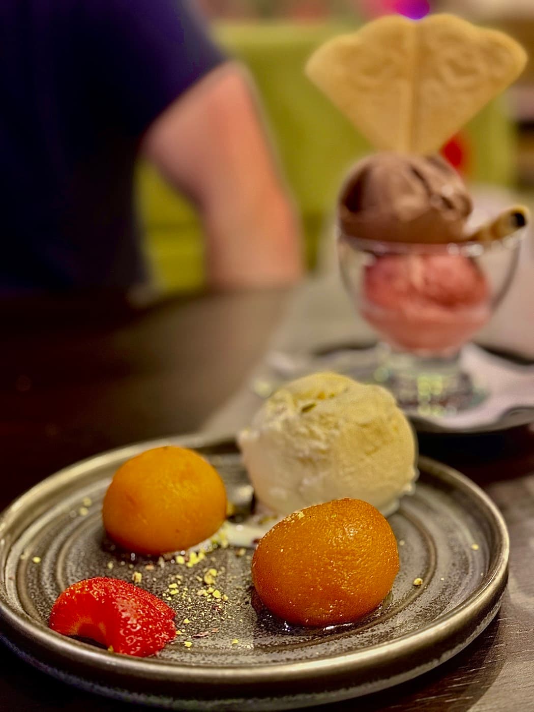 Dessert at Tempering: gulab jamun with vanilla ice cream, and a chocolate and strawberry ice cream sundae